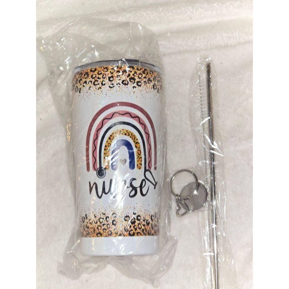 NEW Insulated Tumbler White Rainbow Leopard Print Nurse Motivational Keychain